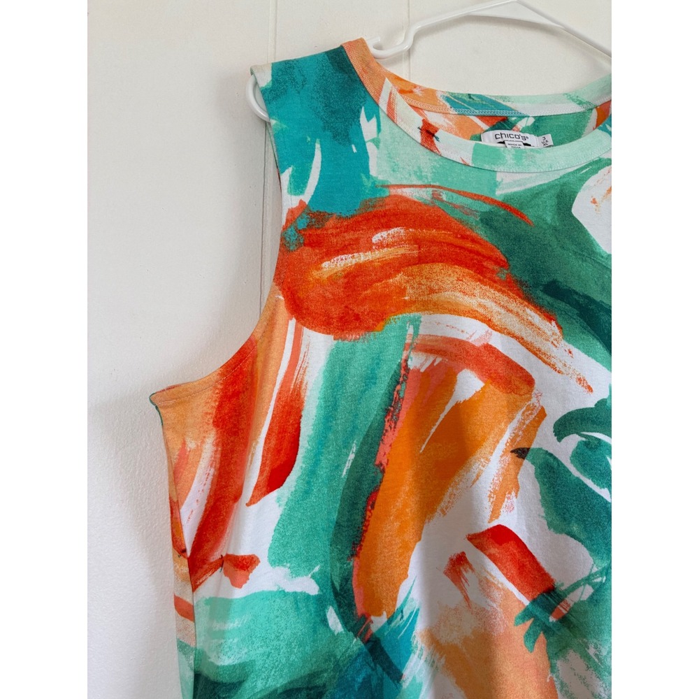 Chico's Women Abstract Brushstroke Sleeveless Knit Top Orange Teal Size 3 XL - Picture 4 of 6